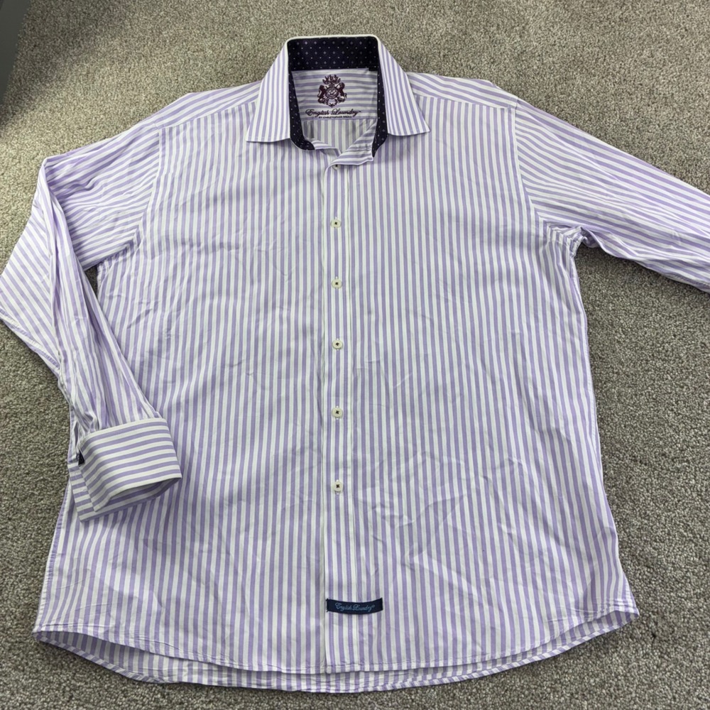 English Laundry Mens 17 Striped‎ Flipped Cuff Dress Shirt Purple & White Career
